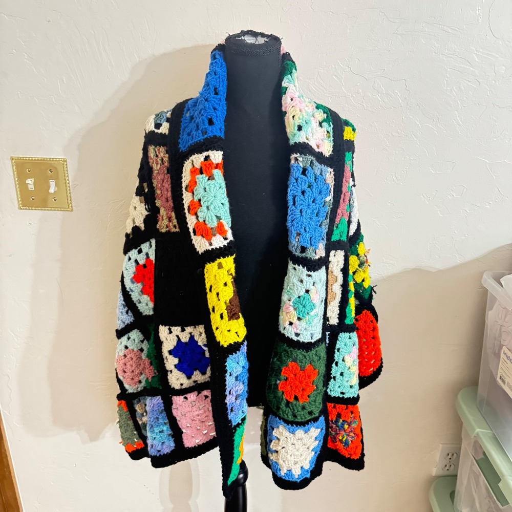 Handmade Crochet Granny Square Blanket‎ Wrap Multicolor Patchwork 65x28 Vintage